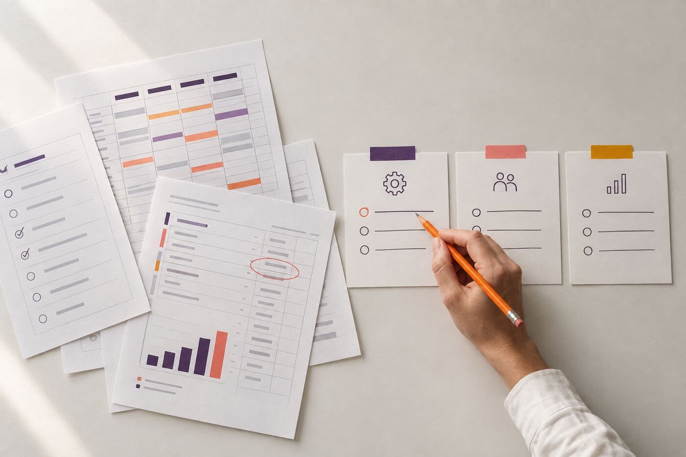 Scattered spreadsheets and reports sorted into three clear cards for process, people and numbers
